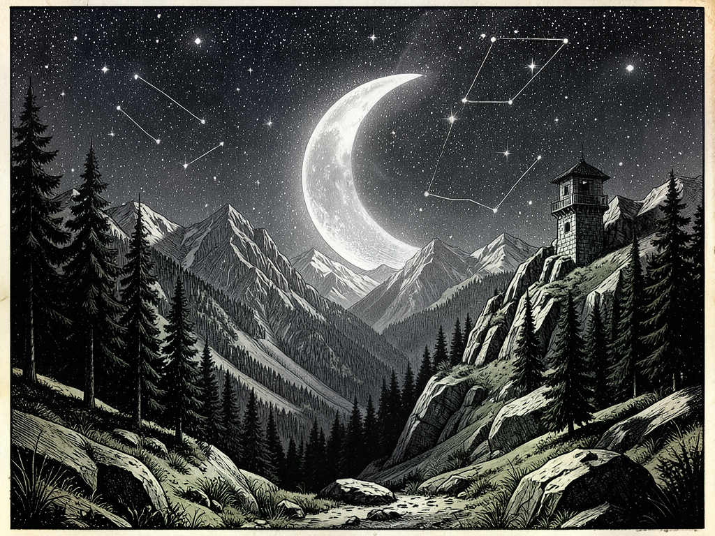 Nocturnal Observations at Scarlet Ridge: A Waning Crescent Over Silent Peaks