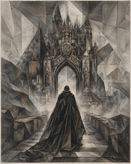 “Cloaked Wanderer at the Gothic Gate” by Julian Vespera